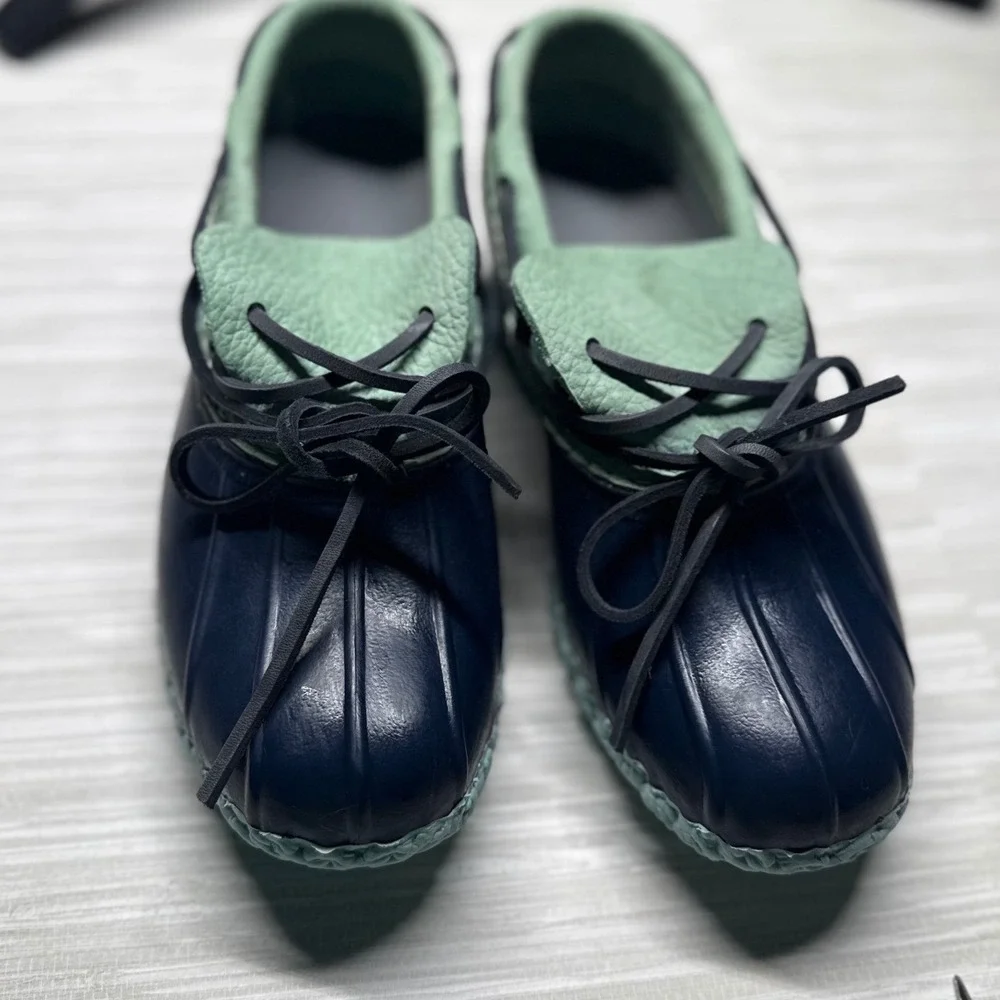 Vintage LL Bean Rubber Moc Duck Shoes Womens 7 Navy Blue Mint Green Made In USA